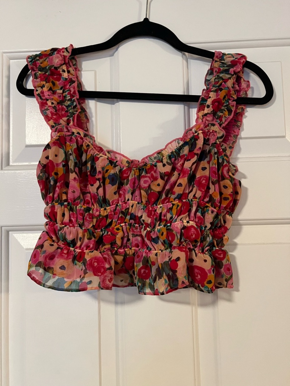 ASTR Pink Floral Ruffle Smocked Crop Top